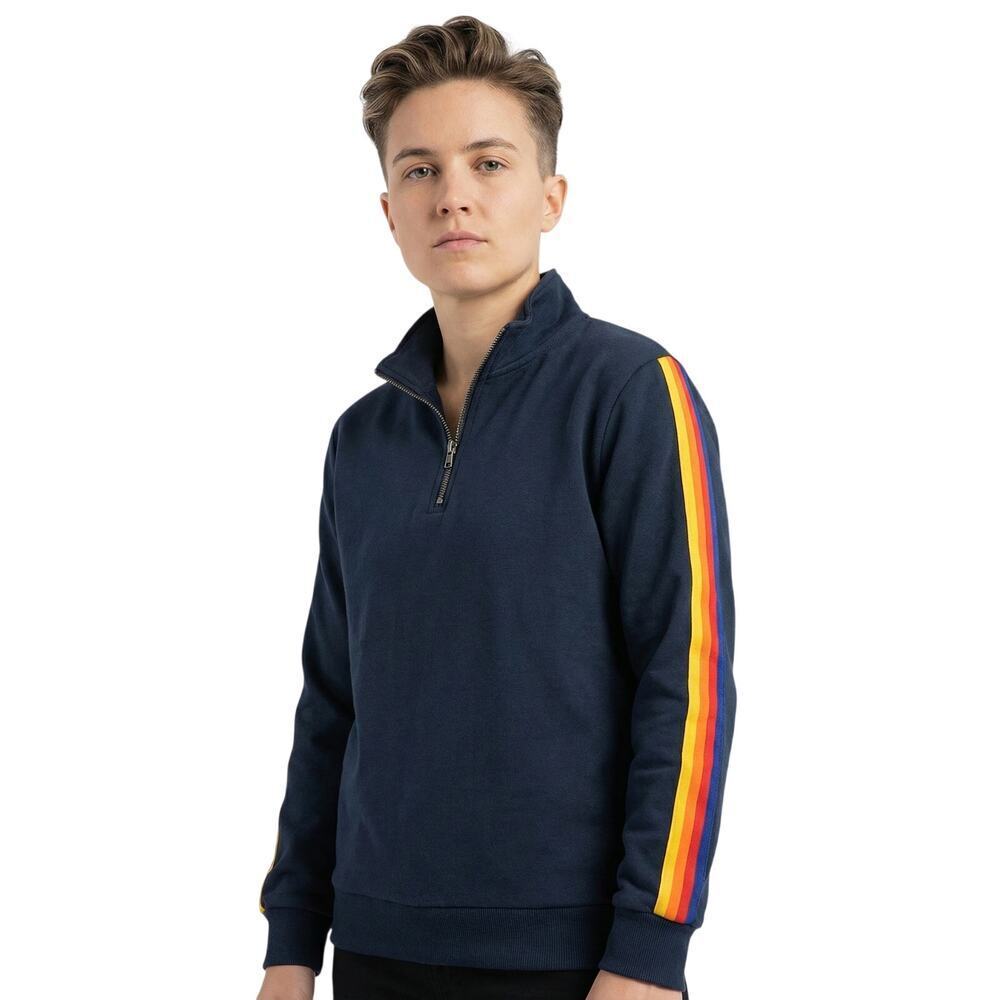 Aldi Workwear Half Zip Pullover Navy Rainbow Stripe Sleeve Cotton Blend M